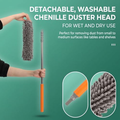 100" Extendable Microfiber Duster Kit - 5-in-1 Cleaning Tool with Long Telescoping Pole - Bendable Cobweb Duster & Chenille Head for Ceiling Fans, High Ceilings, Blinds, Furniture - Washable