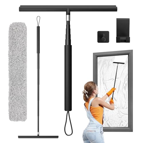 Upgrade Detachable and Retractable Handle,Shower Squeegee for Glass Doors and Tile Door Cleaner Bathroom Squeeze Walls squeegees with 2 Adhesive Hooks (Black) - color: Black