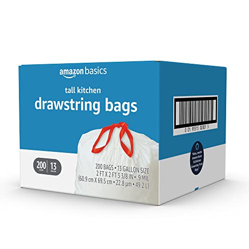 Amazon Basics Tall Kitchen Drawstring Trash Bags, Sturdy, 13 Gallon, Unscented, 200 Count - size: 200 Count (Pack of 1)