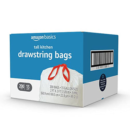 Amazon Basics Tall Kitchen Drawstring Trash Bags, Sturdy, 13 Gallon, Unscented, 200 Count - size: 200 Count (Pack of 1)
