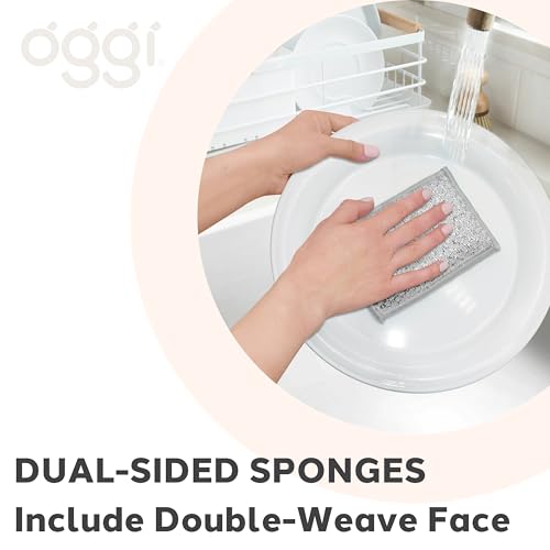 OGGI Bambou Odor-Free Scrubbing Sponges - Natural Scrub Sponges for Dishes, 91% Bamboo-Derived Rayon Cellulose Fiber, Reusable, Absorbent, Durable Scrubbers, Non-Scratch, Washable - 3 pcs, 7x4 - color: White/Gray