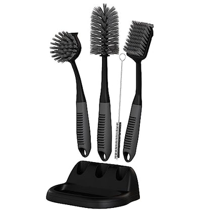 Dish Brush Set of 5 with Holder - Kitchen Scrub Brushes with Non-Slip Long Handle for Cleaning, Scrubber, Dishwashing, Dishes, Bottles, Straws, Cups, Pots & Sink, Black - color: Black, Set of 5 With Holder