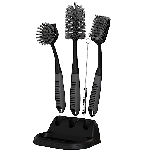 Dish Brush Set of 5 with Holder - Kitchen Scrub Brushes with Non-Slip Long Handle for Cleaning, Scrubber, Dishwashing, Dishes, Bottles, Straws, Cups, Pots & Sink, Black - color: Black, Set of 5 With Holder