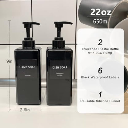 Black Soap Dispenser with Waterproof Labels, Thickened Plastic Hand Soap Dispenser for Bathroom, Kitchen Dish Washing Liquid Bottles, Shampoo and Conditioner Bottles with Funnel (22oz 2Pack Black) - color: 22oz 2 Pack Black