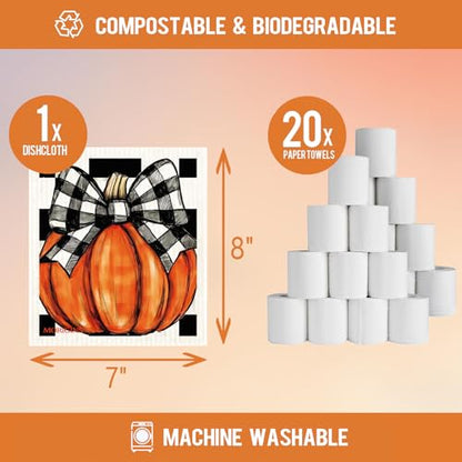 Autumn Fall Gnome Swedish Cloths for Kitchen, 6 Pack Pumpkin Reusable Paper Towels Washable，Swedish Dish Towels，Non-Scratch Cellulose Sponge Cloths，Biodegradable Cleaning Cloths 7 X 8 inch