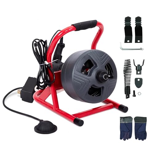 50FT x 5/16 Inch Drain Cleaner Machine, Electric Drain Auger for 3/4"-3" Pipes, Sewer Snake Auger with 4 Cutters & Pneumatic Foot Switch - style: 50FT x 5/16inch