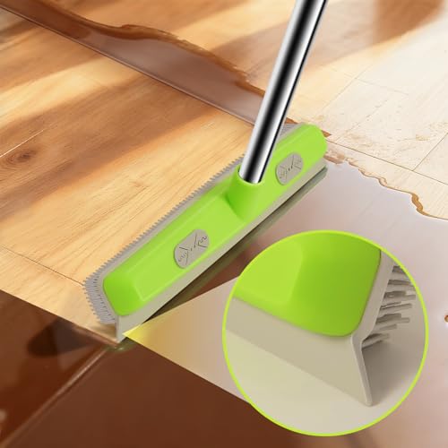 Pet Hair Removal Rubber Broom, Carpet rake with Squeegee for Cleaning Pet Hair, 52 inch Long Handle Rubber Broom,Dual-Sided for Fluff Carpet, Hardwood Floor, Tile,Green