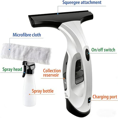 Cordless Window Vacuum Cleaner, Handheld Glass Cleaning Vacuum with 150ml Tank Telescopic Pole Spray Bottle Microfiber Squeegee Adjustable Nozzle for Windows Mirrors Tiles Shower Cleaning