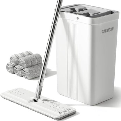 JOYMOOP Flat Mop System, Microfiber Mop and Bucket Set, White, Household & Commercial Floor Cleaning Mop with Long Handle, Wet & Dry Cleaning for Hardwood Floors, Includes 5 Pads - color: White Standard245