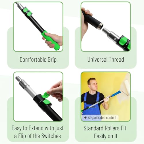 Bates- Telescopic Extension Pole, 3 Ft, Aluminum Alloy, Sturdy Multi-Purpose Extension Pole with Flip-Lock Design for Painting, Dusting and Cleaning - color: Black and Green, size: 3 Ft, 1 Pack