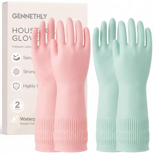 Rubber Dishwashing Gloves, Reusable Cleaning Dish Gloves for Kitchen, Long Cuff for Washing Dishes - color: Green+pink, size: Medium (2 Pairs)