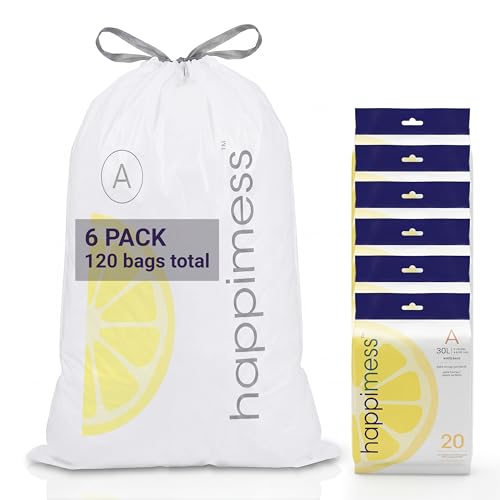 happimess 8 Gallon (30L) Drawstring Trash Bags, Lemon Scent, White, Heavy Duty MDPE Liners for Kitchen and Household, Odor Control, Custom Fit 120 Count (6 Packs of 20 Liners) HPM3100A-W-6SET - color: White (Lemon Scented), size: 120 Count (Pack of 1)