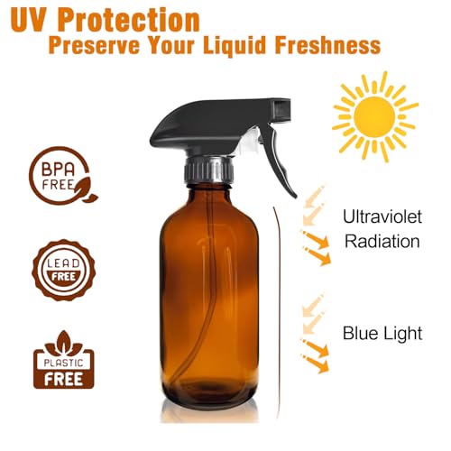 LANBEAUTIFY 8oz Amber Glass Spray Bottles - 2 Pack Empty Refillable Bottles for Cleaning, Hair Care, Essential Oils, Plants - Includes Durable Nozzle, Labels, Funnel & Dropper, Handheld Size