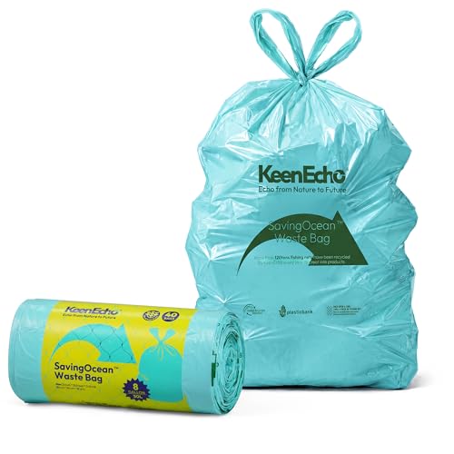 8 Gallon 40 Counts Small Green Trash Bags with Handle, Ocean Fishing Nets Upcycling, Sage & Sea Salt Scented, Plastic Garbage Bags, Waste Bag for Bathroom, Kitchen, Office and Pets - color: 8 Gal, size: 1 Roll