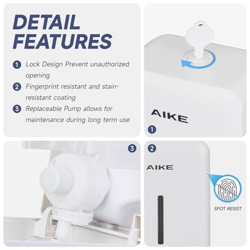 AIKE Wall Mount Liquid Soap Dispenser for Commercial Bathroom 27oz Large Capacity Manual Push Pump Original White - color: White