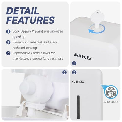 AIKE Wall Mount Liquid Soap Dispenser for Commercial Bathroom 27oz Large Capacity Manual Push Pump Original White - color: White