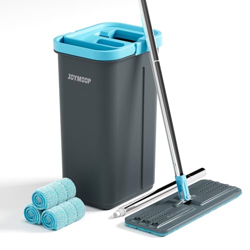 JOYMOOP Mop and Bucket Set with Wringer, with 3 Reusable Microfiber Mop Pads, Mops for Floor Cleaning and Wall Cleaning, Hands-Free Flat Mop for Home Use - Grey+Cyan Blue - color: Turquoise-cyan & Muted Grey, size: Bucket #13 + 60" Flat Mop + 3 Pads