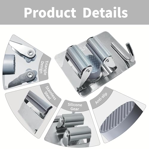 5 Pack Mop and Broom Holder Wall Mount, Silver Stainless Steel Mop and Broom Hanger with Hooks, Mop Broom Organizer for Closet Laundry Garage Garden Tool Organizer (Silver) - color: Silver