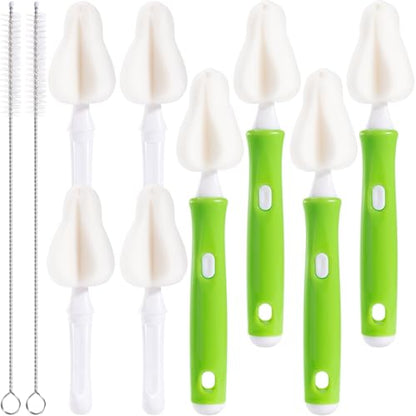 10 Pcs Sponge Bottle Nipple Brushes,4 Sponge Nipple Brushes for Baby Bottles, 4 Replacement Heads and 2 Pcs 7.87" Straws for Cleaning,Green