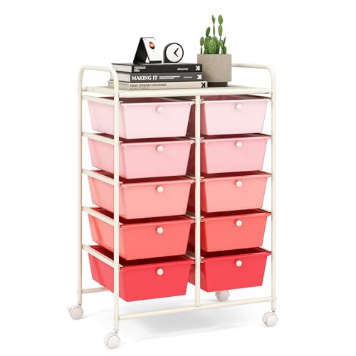LDAILY 10 Drawer Rolling Cart, Storage Cart Organizer on Wheels, Drawer Cart with Metal Frame & Large Storage Capacity, Rolling Cart with Drawers for Living Room Classroom, Office - color: Gradient Pink, size: 10 Drawer