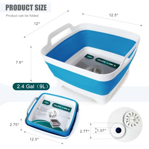 FOSJGO Collapsible Dish Basin with Drain Plug, 2.4 Gal (9L) Space-Saving Foldable Sink, Wash Basin for Kitchen, Baby Bottles, Vegetable Washing, Camping, RV and Party Beverage Tubs (Sky Blue) - color: Sky Blue