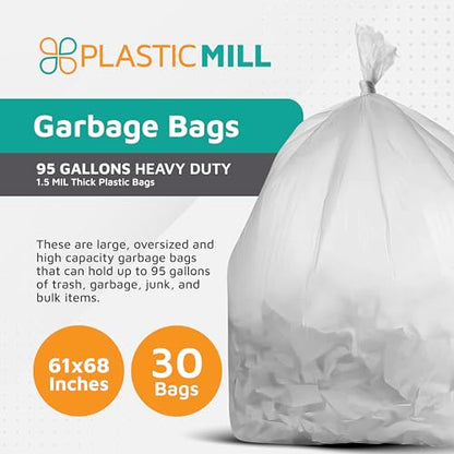 PlasticMill Heavy Duty Trash Bags - Clear Garbage Bags - Plastic Rubbish Sacs for Large Rolling Trash Bins - Tall Plastic Bags - 95-Gallon Large Kitchen Trash Bags, 1.5 Mil, 61"x68" (30-Count) - size: 1 Count (Pack of 30)
