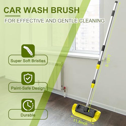SISUPASSIE 12FT Car Wash Brush with Long Handle, Telescopic Car Wash Brush with Soap Dispenser, 12-Inch Soft Bristle Car Cleaning Brush for Cleaning Car, RV, Truck, Boat, Solar Panels, Yellow