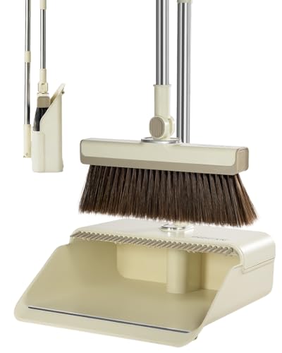 INDCAN Broom and Dustpan Set for Home, 54 Inch Long Handle Upright Broom, Rotatable Broom Head with Magnetic Mount & Self-Cleaning Teeth Comb, Indoor Floor Sweeping Set (Santra Pro) - Ivory