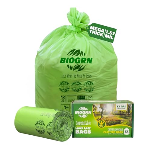 30-33 Gallon Compostable Trash Bags Flat-Top 30 Bags Heavy Duty1.57 Mil, 124.92 Liter Large Lawn and Yard Waste Bag green for Outdoor Garden ASTM D6400, US BPI and OK Compost Home Certified - color: 33 Gallon, Flat Top, 30 Count