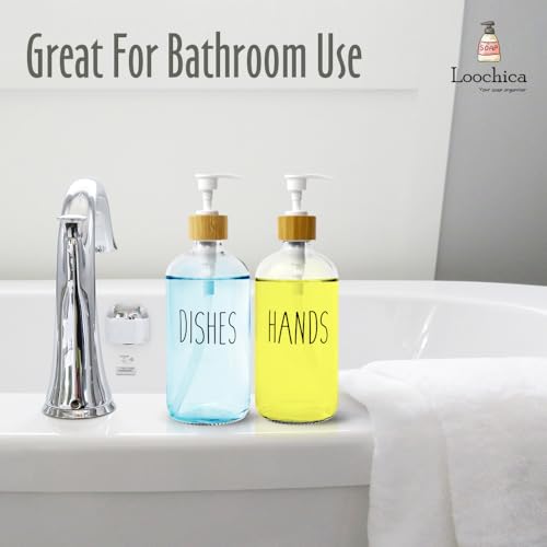 LOOCHICA 2 Pack Clear Glass Soap Dispenser with Plastic Pump, Transparent Dish and Hand Soap Dispenser Set, Refillable Reusable Apothecary Soap Pump Dispenser Bottles for Bathroom and Kitchen - color: A05-2 X Clear