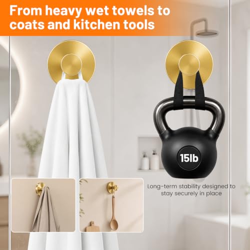 Upgraded Suction Cup Hooks for Shower, No-Drill Bathroom Hooks for Hanging Towels, Robes & Loofah - Mount on Kitchen Walls, Window, Glass, Mirror, Tile & Smooth Surfaces (2 Pack, Gold Tone) - color: Gold