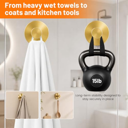 Upgraded Suction Cup Hooks for Shower, No-Drill Bathroom Hooks for Hanging Towels, Robes & Loofah - Mount on Kitchen Walls, Window, Glass, Mirror, Tile & Smooth Surfaces (2 Pack, Gold Tone) - color: Gold