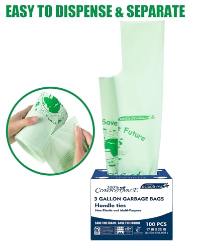BEIDOU-PAC 100% Compostable Trash Bags, 3 Gallon Compost Bags Small Kitchen Trash Bags with Handle, 100 Count Sturdy Garbage Bags Food Scrap Waste Bags, ASTM D6400, US BPI Certified - style: Handle | 3 Gallon | 100 Count