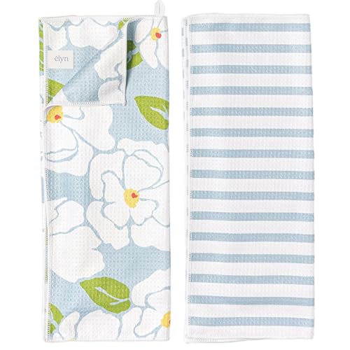 ELYN Microfiber Kitchen Dish Towel Set, Quick-Dry & Absorbent Waffle Weave Cleaning Towels, Set of 2 Kitchen Towels, Paper Towels Alternative (Magnolias & Stripe) - color: Magnolias & Stripe, style: Dish Towel - 2 Pack