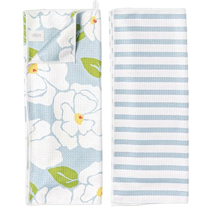 ELYN Microfiber Kitchen Dish Towel Set, Quick-Dry & Absorbent Waffle Weave Cleaning Towels, Set of 2 Kitchen Towels, Paper Towels Alternative (Magnolias & Stripe) - color: Magnolias & Stripe, style: Dish Towel - 2 Pack