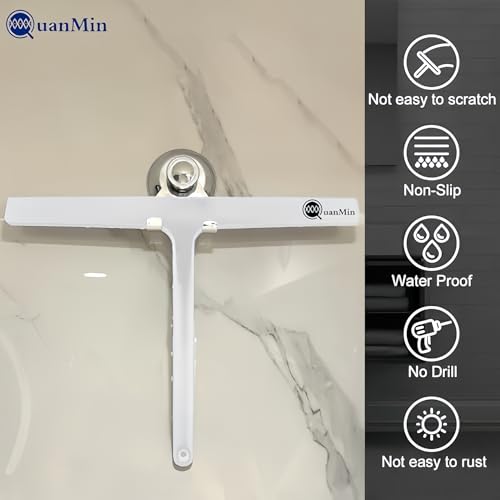 Upgraded 9 Inch Rounded Shower Squeegee with Hook & Suction Cup, Stainless Steel Core Silicone Blade, Streak-Free Wiper for Shower Doors, Windows, Mirrors, Tile & Household Cleaning (White) - size: Square Headed-9 inch（White）