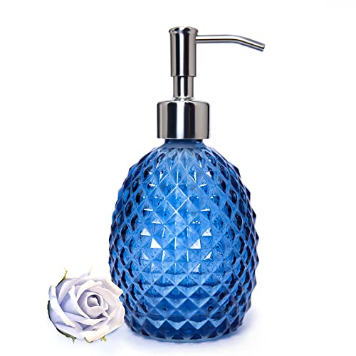Glass Soap Dispenser with Stainless Steel Pump, 12oz Clear Dish Soap/Hand Soap/Laundry Soap/Lotion Dispenser, Refillable Liquid Dispenser for Bathroom Kitchen Shower (Blue) - color: Blue