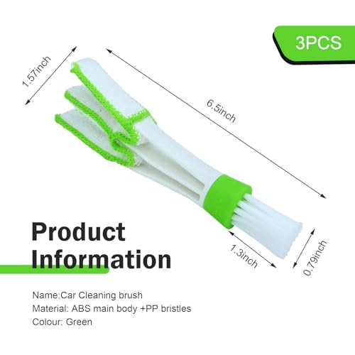 3 PCS Mini Car Air Vent Gap Duster Brush, Double Ended Soft Bristle Dashboard Window Blind Duster, Deep Cleaning Car Interior Dust Remover Tool for Most Cars SUVs Trucks (Green)