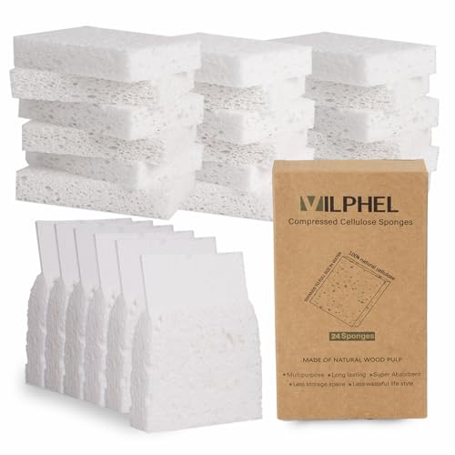 White Plant Based Sponges for Kithcen, 24 Count, Dehydrate, Natural, Organic, Non Abrasive, No odor, Durable Washable Recycled Soft Bio-Based Cellulose Sponge for Washing Dishes and Countertop - color: Plain White