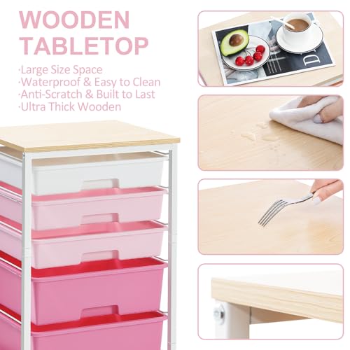 SYKIARIOL Utility Cart with 5 Drawers,Storage Drawer Cart with Wooden Tabletop and Lockable Wheels,Craft Storage Trolley Cart,5-Tier Rolling Utility Cart on Wheels,Rose Pink - color: Rose Pink