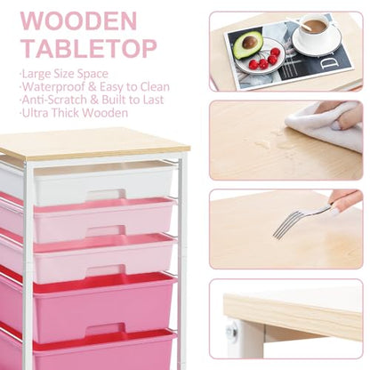 SYKIARIOL Utility Cart with 5 Drawers,Storage Drawer Cart with Wooden Tabletop and Lockable Wheels,Craft Storage Trolley Cart,5-Tier Rolling Utility Cart on Wheels,Rose Pink - color: Rose Pink