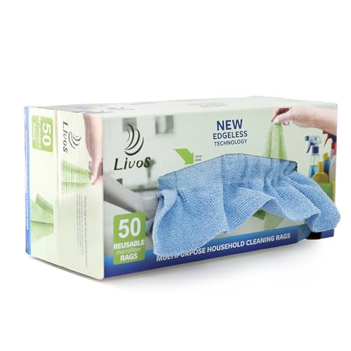 LIVOS 50 Pack Microfiber Cleaning Cloth in Box, Reusable Cleaning Rags, 11.5"x11.5", Edgeless Microfiber Wipes, Lint Free, Absorbent Shop Towels for Kitchen, Car, Glass (Blue) - color: Blue