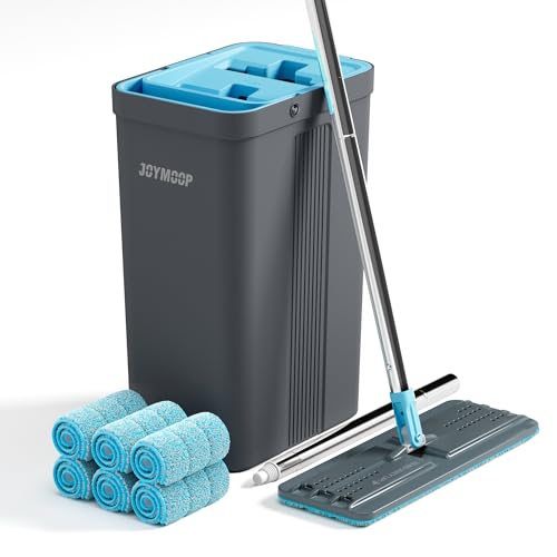 JOYMOOP Mop and Bucket Set, Mops for Floor Cleaning, Wall Mop Cleaner with Long Handle, with 6 Reusable Microfiber Mop Pads - Grey+Cyan Blue - color: Turquoise-cyan & Muted Grey, size: Bucket #2124 + 60" Flat Mop + 6 Pads