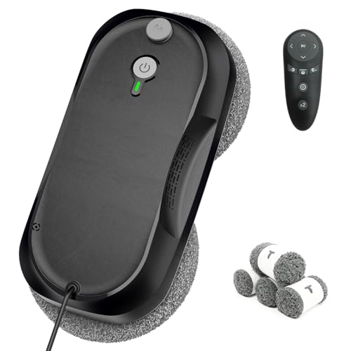 KKI Window Cleaning Robot, Upgrade Window Cleaner Robot, Auto Spray, Max 6400pa,3 Cleaning Modes & Edge Detection, Remote Control for High-Rise Windows, Glass Door,4Sets Cloths,Black - color: Black, size: X2
