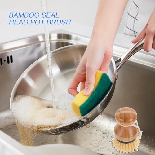 Ipetboom 2pcs Dish Scrubber Brush with Handle, Black Palm Scrub Brush for Kitchen Sink and Pot Cleaning, Sturdy Round Bristle Kitchen Scrubbers for Dishes and Cookware