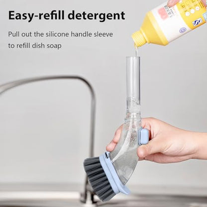 DAPOWER Soap Dispensing Dish Brush with Handle, Kitchen Scrub Brush for Dishes Pots Pans Sink Cleaning (Grayish Blue) - color: Grayish Blue