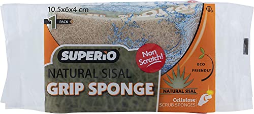 Natural Scrub Sponge Scouring Pad - Sisal Plant Based Sponge Scrubber Non Scratch Eco Friendly, 2 Side Cellulose and Sisal for Nonstick Cookeware, Glasses, Dishes. by Superio (Green) - color: Green