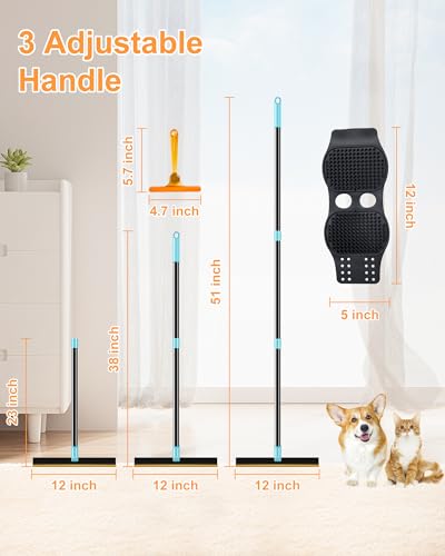 3 in 1 Carpet Rake for Pet Hair Removal Tool, 51” Adjustable Long Handle Pet Hair Removal Broom, Pet Grooming Brush, Cat Dog Hair Remover Carpet Scraper for Rugs, Mats - color: Blue-black