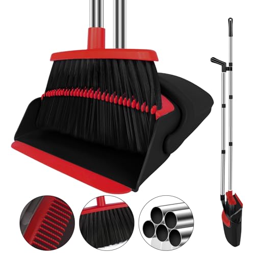 Broom and Dustpan Set for Household, Red Broom with Dustpan Combo Set, 51" Long Handle Dust pan Set for Dog Cat and Hair Clean - color: Red, size: Normal