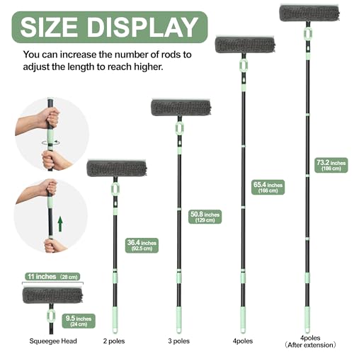 Window Squeegee with Extension Pole, 73.6 Inch Bendable Head Telescoping Long Handle Window Cleaner, 2-in-1 High Window Cleaning Tool Kit for Indoor/Outdoor Window and Car Glass